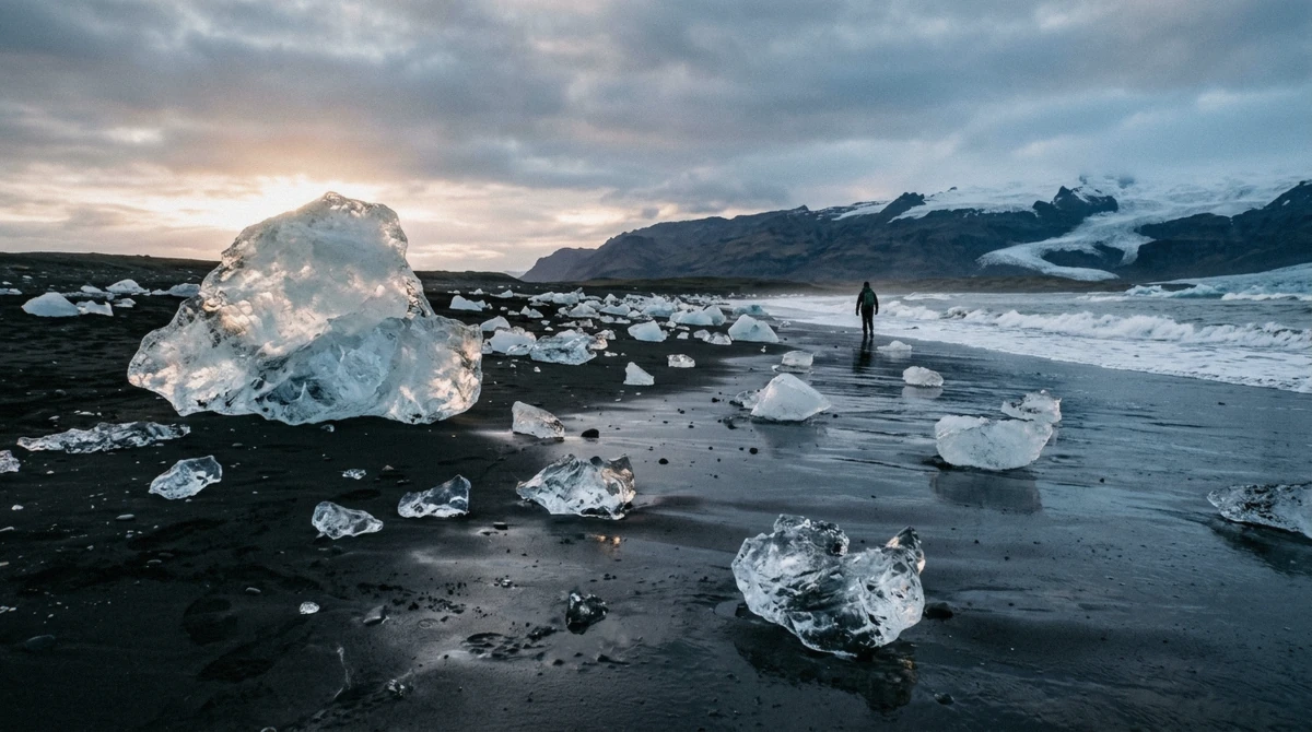 Clear and blue chunks of glacier ice on the black sand of Diamond Beach Iceland at Fellsfjara beside Jokulsarlon