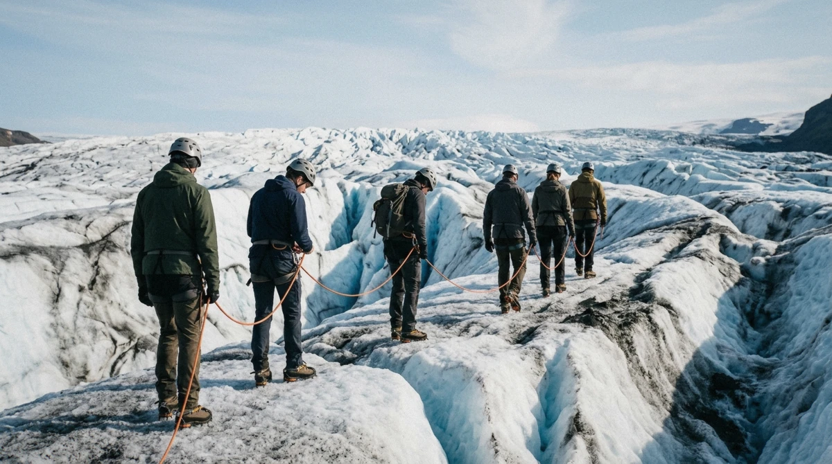 A roped group in helmets and crampons walking the crevassed surface of Breiðamerkurjökull on a Vatnajökull glacier hike from Jökulsárlón