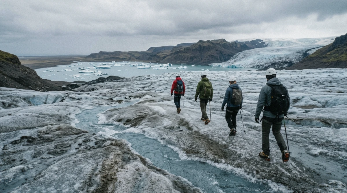 Hikers in crampons on Breidamerkurjokull, the paid experience behind is jokulsarlon worth it
