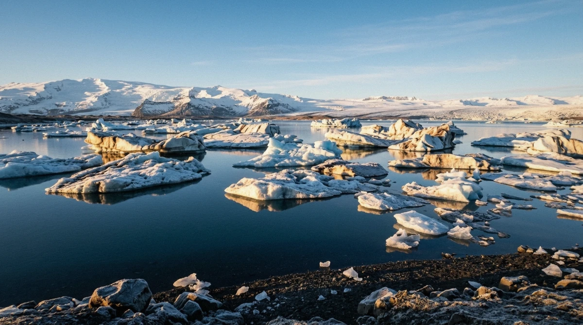 Low winter sun over icebergs on the lagoon, the light that shapes the best time to visit jokulsarlon
