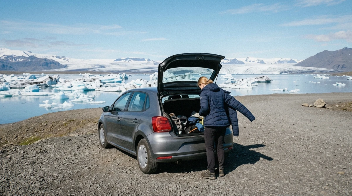 A parked car at the Jokulsarlon car park with the lagoon behind, the starting point for visiting jokulsarlon without a tour